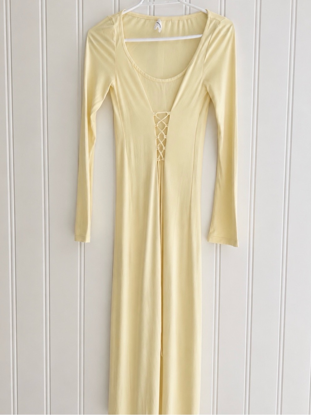 Song of Style Butter Yellow Long Sleeve Lace-Up Maxi Dress with slit